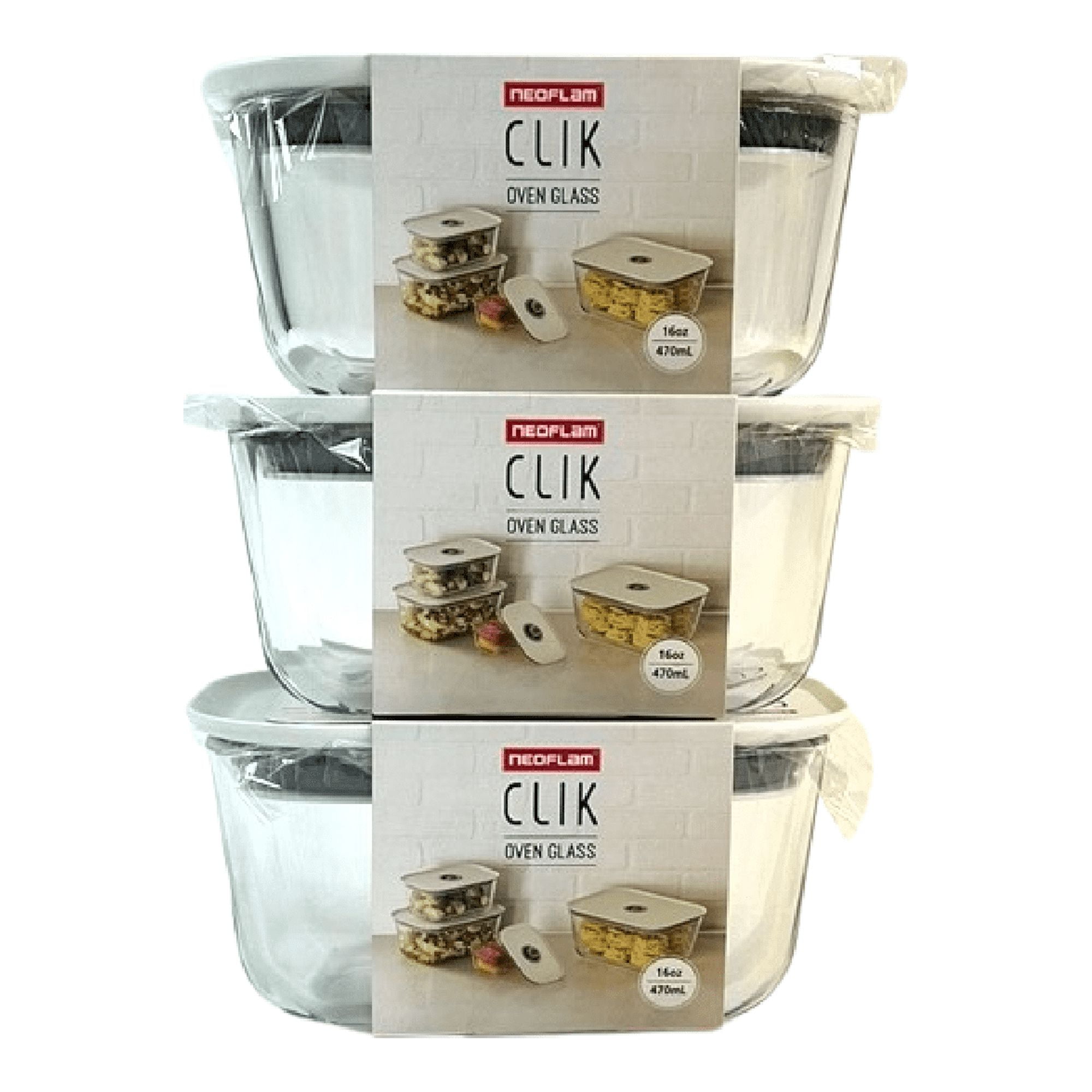 Set of 3) NEOFLAM FIKA Clik Glass Food Storage Set, Microwave, Oven Safe