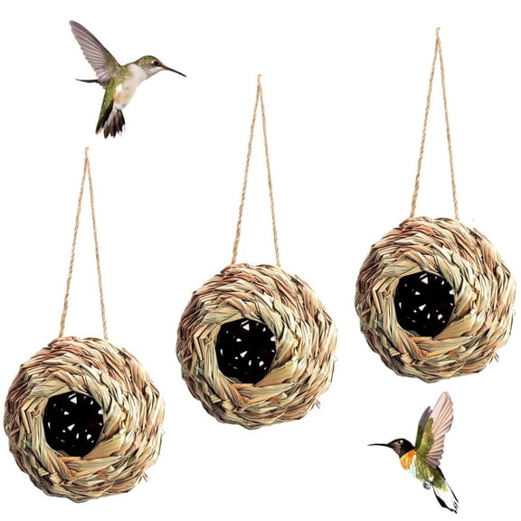 Set of 3 Natural Grass Hanging Bird Huts, Hand-Woven, 3.7" Diameter