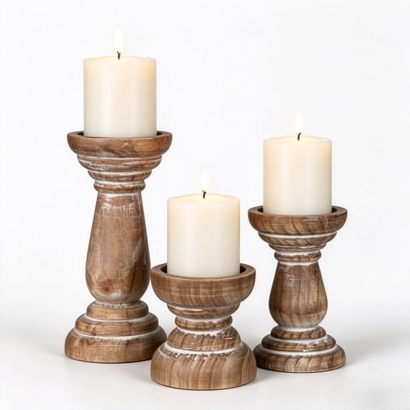 Set of 3 Natural Paulownia Wood Candle Holders – Rustic Pillar Candle Holders with Clear Varnish, 4/6/8 Inch for Farmhouse Table Centerpiece Decor