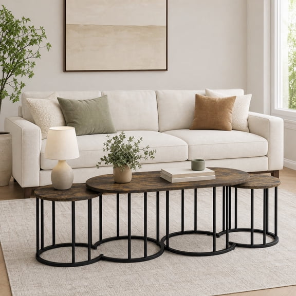Set of 3 Nesting Coffee Table with Metal Frame, Center Table End Tables for Apartment Home Office, Rustic Brown