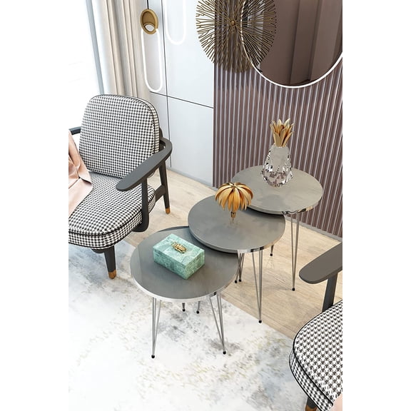 Set of 3 Nesting End Tables Round Wood Stacking Coffee Side Accent Table with Metal Legs for Living Room, Home Office, Nightstands for Bedroom