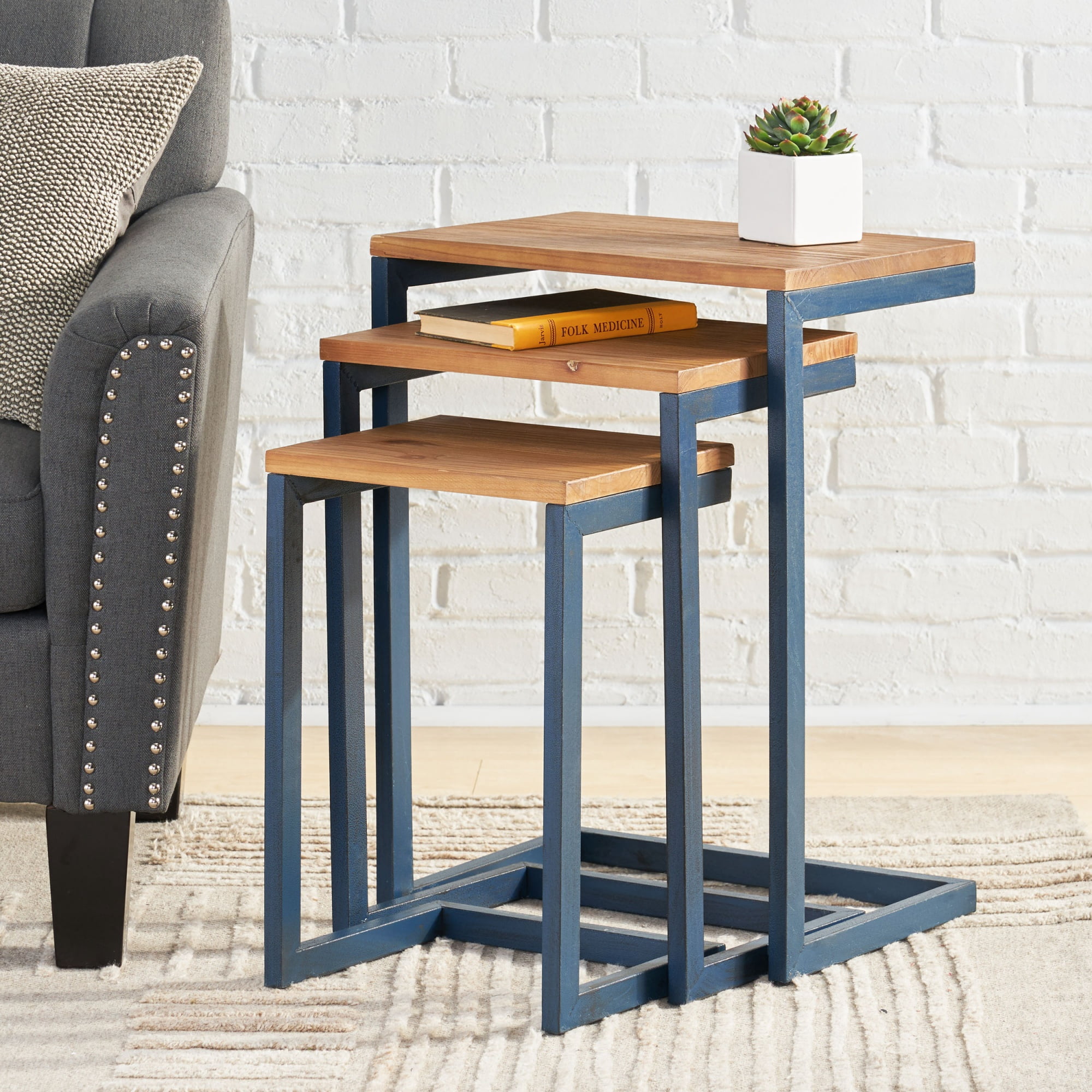 Set of 3 Nesting Tables 18.25 Inch, Modern Industrial Firwood and Iron Frame Side Tables for Living Room, Black