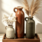 Set of 3 Neutral Ceramic Vases with Handle, Rustic Farmhouse Boho Decorative Vases for Pampas Grass, Table, Mantel, Living Room, Kitchen, Bathroom