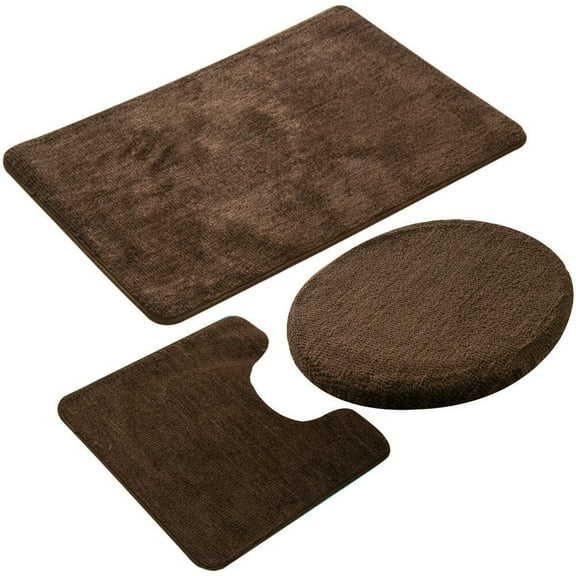Set of 3 Non-Slip Bath Mat Bathroom Rugs, Polypropylene Fiber Bath Mat, U-shaped Toilet Floor Mat and Lid Cover, Coffee