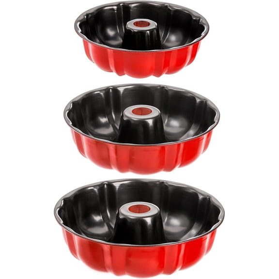 Set of 3 Non-Stick Fluted Cake Pan, Tube Pan Round Cake Pan Steel Baking Pan Pot Bakeware - 7", 8.5", 9.5", Red
