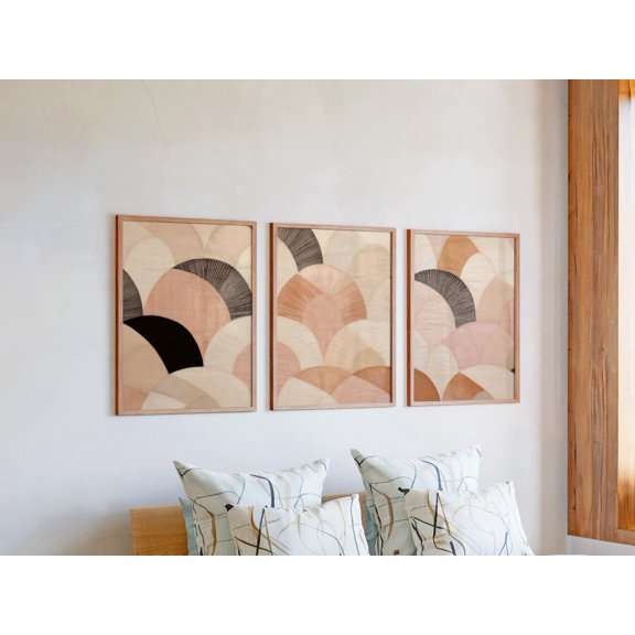 Set of 3 Nursery Wall Decor Prints, Soft Peach & Beige Geometric Triptych, Boho Arch Art, Warm Neutral Pattern Gallery Set for Baby, Stretched Canvas