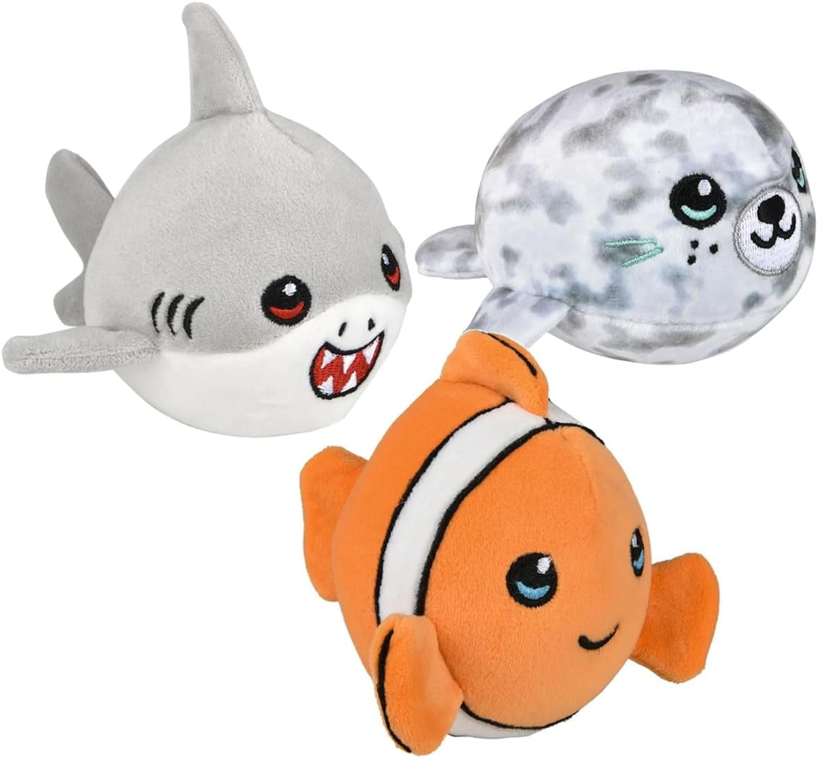 Set of 3 Ocean Animals - Shark, Seal, Clownfish - Cute Ball Plush Aquatic Sealife Stuffed Animals- Adorable Mini Plushie Stuffie