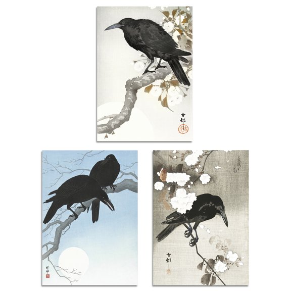 Set of 3 Ohara Koson Crows Black White Blue Japanese Wall Art Prints A4 Size Living Room Decor