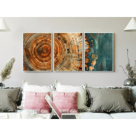 Set of 3 Organic Shape Wall Art Prints, Natural Wood Grain Triptych, Nordic Tree Ring Decor, Dark Green & Copper Gallery Set for Home, Poster Only