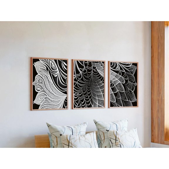 Set of 3 Organic Texture Wall Art, Webbed Mandala Pattern Triptych, Flowing Feather Decor, Intricate Line Gallery Set for Home, Poster Only