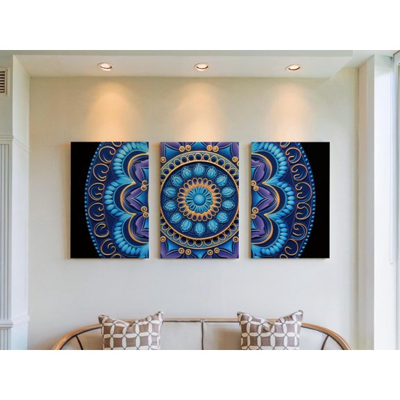 Set of 3 Ornate Geometric Wall Art, Sculpted Blue Floral Triptych, Dark Jewel Tone Decor, Intricate Mandala Gallery Set, Stretched Canvas