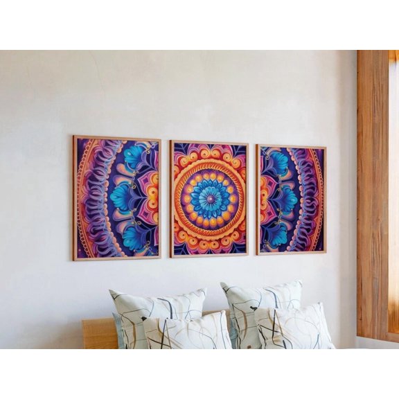 Set of 3 Ornate Lotus Wall Art, Concentric Mandala Triptych Prints, Floral Scroll Decor, Intricate Pattern Gallery Set, Stretched Canvas