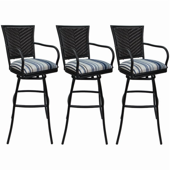 Set of 3 Outdoor Indoor Bar Stools - Erin Arms - Driftwood Blue Fabric - Black