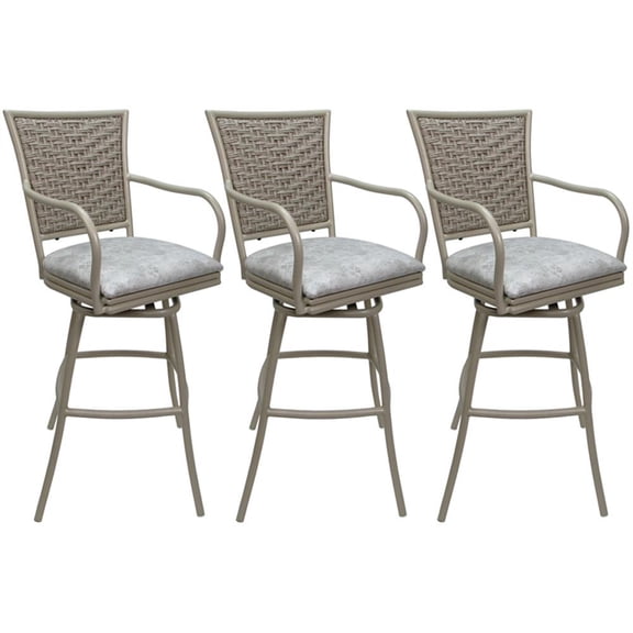 Set of 3 Outdoor Indoor Bar Stools - Erin Arms - UH W Stone Vinyl - Beige