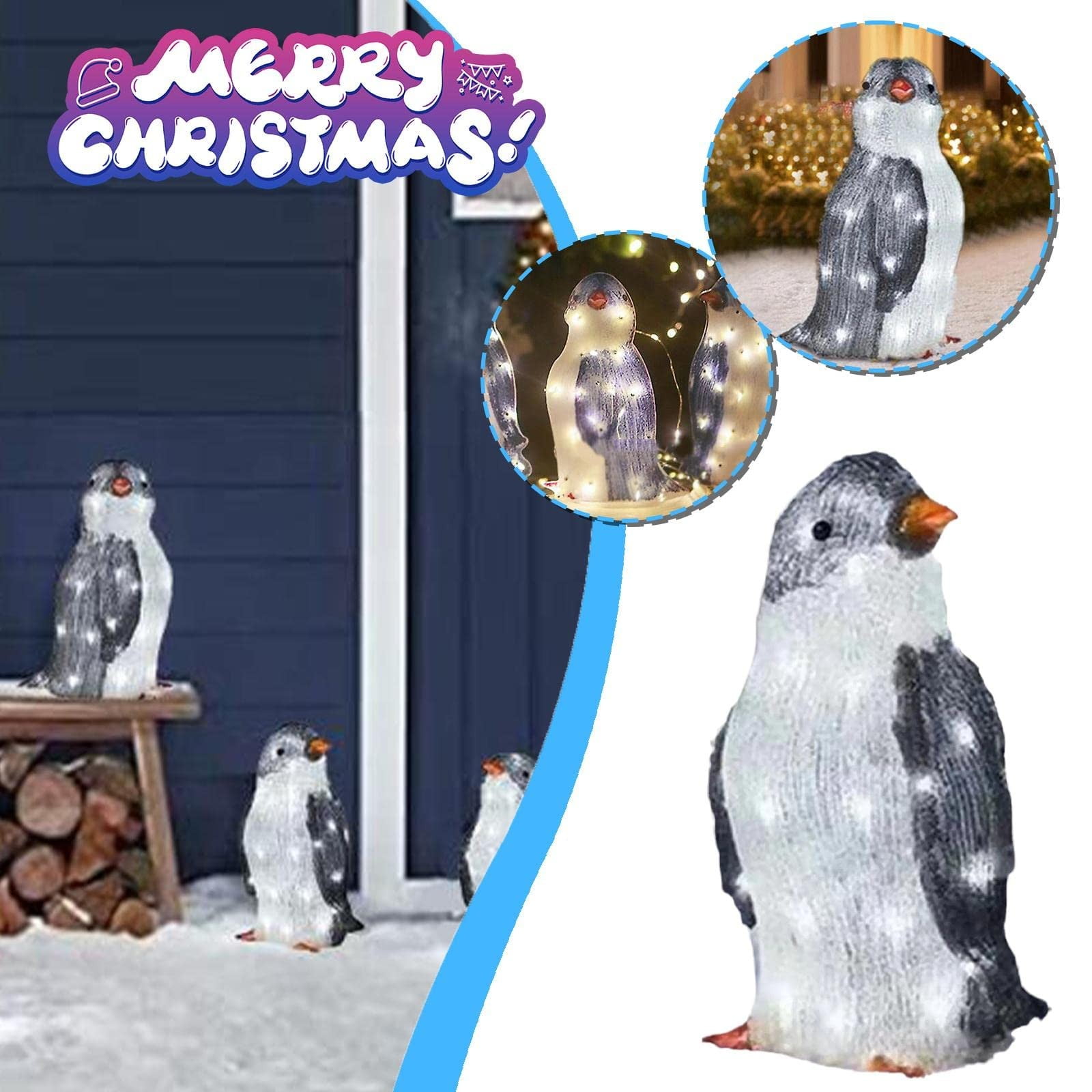 Set of 3 Outdoor Penguin Christmas Decorations, 10.2 inch Pre-Lit LEDs