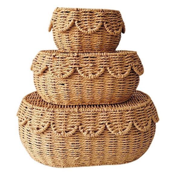 Set of 3 Oval Handwoven Paper Rope Storage Baskets with Lids, Small Medium Large Natural Grass Organizer Bins for Desktop, Shelf Farmhouse