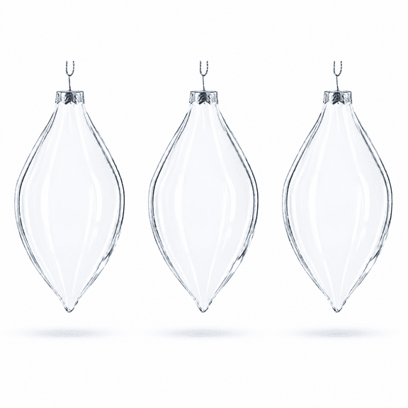 Set of 3 Oval Icicle Clear Glass Christmas Ornament 5.4 Inches