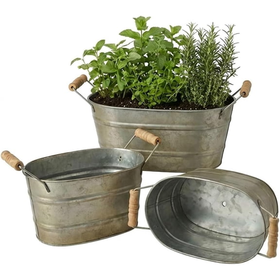 Set of 3 Oval Planter Buckets with Handles, Antique Galvanized Gold