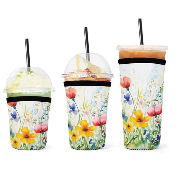 Set of 3 Packs Reusable Hot And Iced Coffee Cup Sleeve Neoprene Tumbler Sleeve Beautiful Wildflowers Floral Colorful(16,24,32oz)