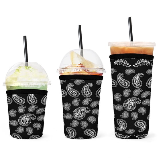 Set of 3 Packs Reusable Hot And Iced Coffee Cup Sleeve Neoprene Tumbler Sleeve Black Bandanna Pattern(16,24,32oz)