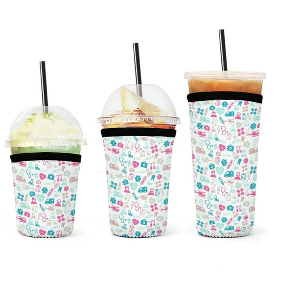 Set of 3 Packs Reusable Hot And Iced Coffee Cup Sleeve Neoprene Tumbler Sleeve Nurse Doctor Icon(16,24,32oz)