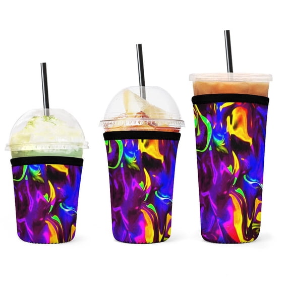 Set of 3 Packs Reusable Hot And Iced Coffee Cup Sleeve Neoprene Tumbler Sleeve Rave Rainbow of Glow Stick Fire(16,24,32oz)