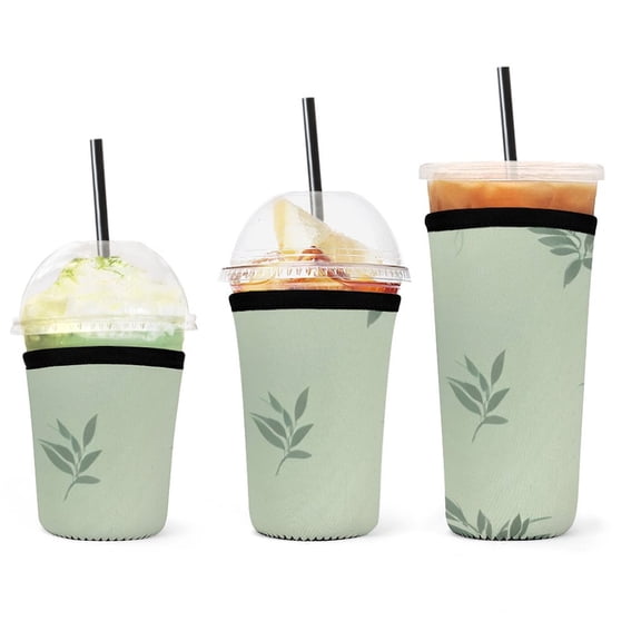 Set of 3 Packs Reusable Hot And Iced Coffee Cup Sleeve Neoprene Tumbler Sleeve Sage Green Leave(16,24,32oz)
