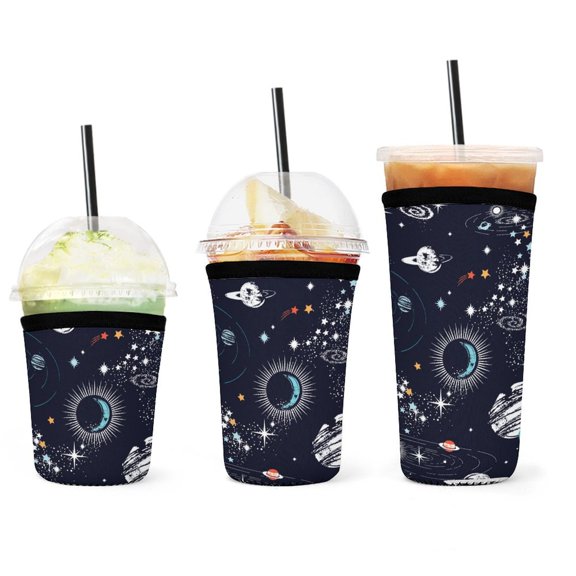 Set of 3 Packs Reusable Hot And Iced Coffee Cup Sleeve Neoprene Tumbler Sleeve Space Planets Constellation(16,24,32oz)