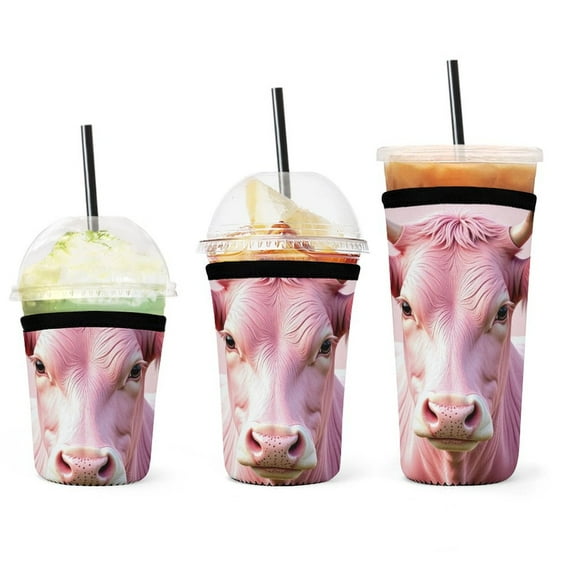Set of 3 Packs Reusable Hot And Iced Coffee Cup Sleeve Neoprene Tumbler Sleeve Strawberry Highland Cow Pattern(16,24,32oz)