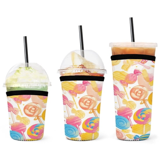 Set of 3 Packs Reusable Hot And Iced Coffee Cup Sleeve Neoprene Tumbler Sleeve Sweets And Rainbow Lollipops Pattern(16,24,32oz)