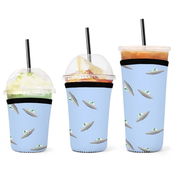 Set of 3 Packs Reusable Hot And Iced Coffee Cup Sleeve Neoprene Tumbler Sleeve UFO Alien(16,24,32oz)