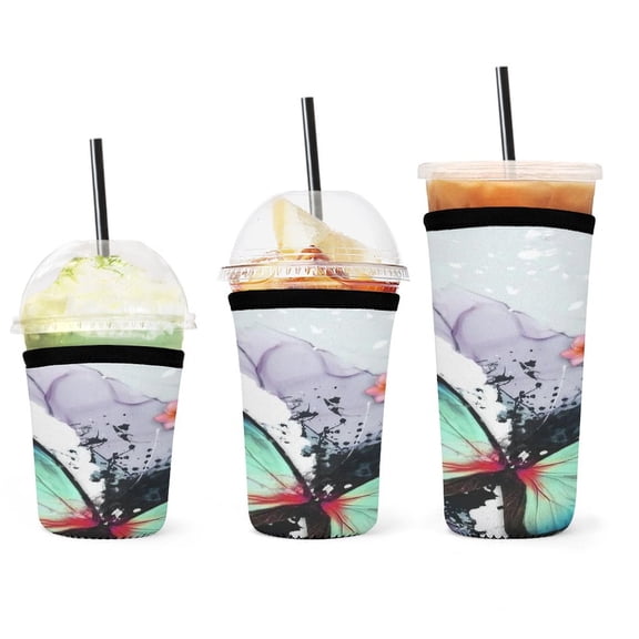 Set of 3 Packs Reusable Hot And Iced Coffee Cup Sleeve Neoprene Tumbler Sleeve Watercolor Butterflies And Flowers(16,24,32oz)