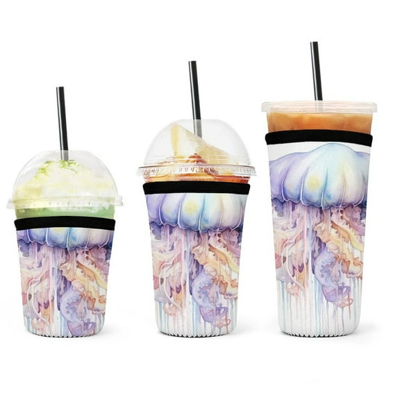 Set of 3 Packs Reusable Hot And Iced Coffee Cup Sleeve Neoprene Tumbler Sleeve Watercolor Jellyfish Cute(16,24,32oz)