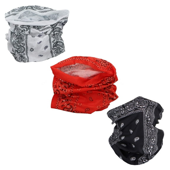 Motique Accessories Set of 3 Paisley Bandana Neck Gaiter Tube Headwear Motorcycle Face Scarf-White Black Orange