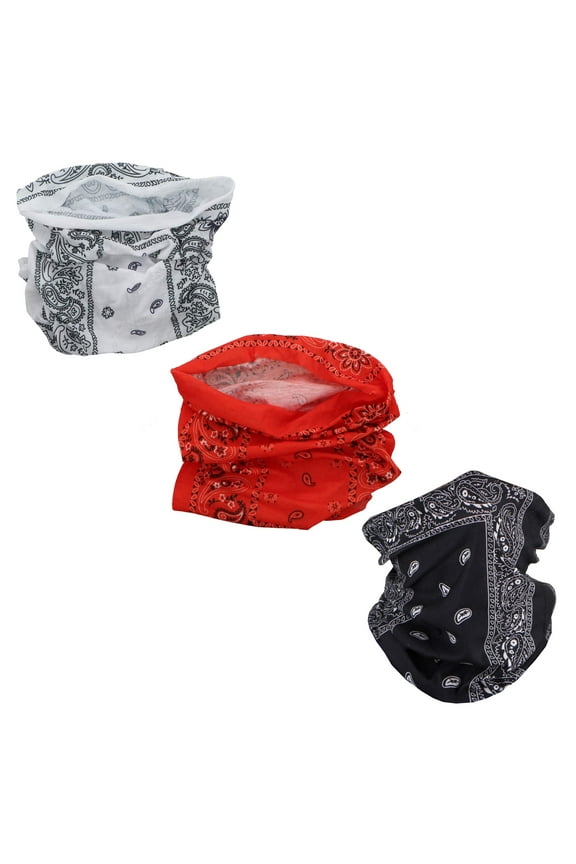 Set of 3 Paisley Bandana Neck Gaiter Tube Headwear Motorcycle Face Scarf-White Black Orange