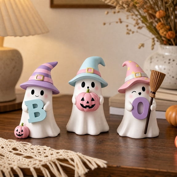 Set of 3 Pastel BOO Witch Ghost Figurines 3.7in Colorful Ghost Table Decor with Witch Hats for Desk Shelf Mantel Party Decor by XSAOP