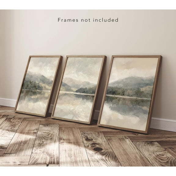 Set of 3 Peaceful Lake Countryside Impressionist Wall Prints, Sage Living Room Art, Neutral Kitchen Decor, Dark Green Bedroom Wall Art, Poster Only