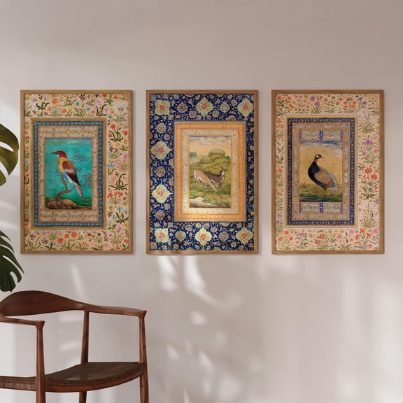 Set of 3 Persian Prints Birds & Deer (Traditional Persian Mughal Art Prints of Miniature Paintings) Wall Art, Home Decor or Und, Poster Only