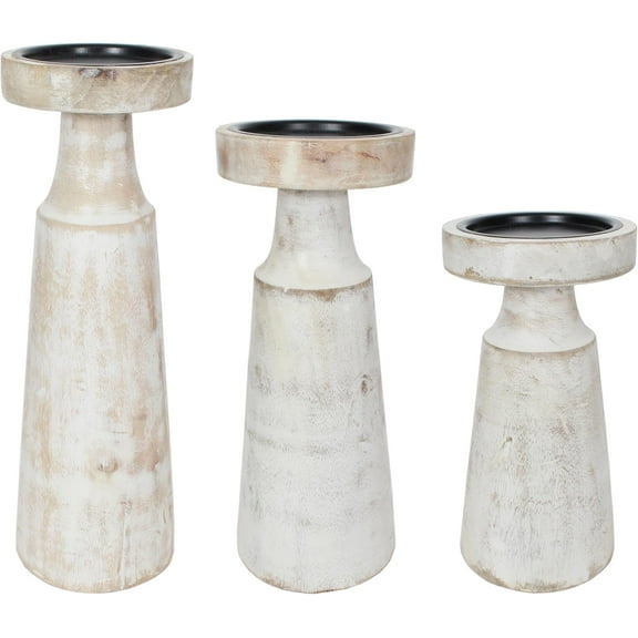 Set of 3 Pieces Wood Pillar Candle Holders, Mango Wooden Candlesticks Holders 12 Inch, 10 Inch, 8 Inch Height (White Wash)