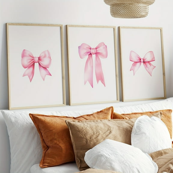 Set of 3 Pink Bow Canvas Wall Art Prints - Modern Abstract Unframed Posters for Living Room, Bedroom, and Hallway Home Decor