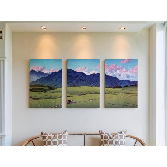 Set of 3 Pink Cloud & Blue Sky Wall Art, Japanese Mountain Triptych, Vivid Nature Decor, Traditional Woodblock Landscape Prints, Stretched Canvas