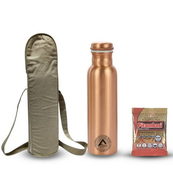 Set of 3 Plain/Solid Pure Copper Water Bottle 950 ml, Cotton Carry Bag Pitambari For Ayurveda Health Benefits