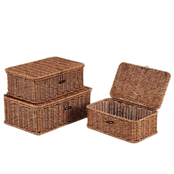 Set of 3 Plastic Wicker Flip Top Storage Baskets, Rectangular Low Profile Organizer Bins for Closet, Shelf, Desk Farmhouse