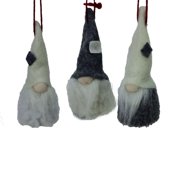 Set of 3 Plush Gray and Cream Decorative Gnome Hanging Christmas Ornaments 3.75"