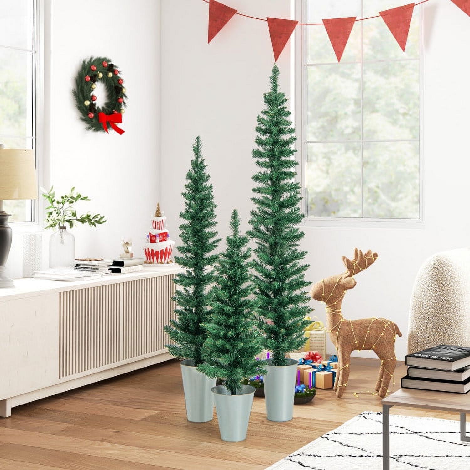 Set of 3 Potted Artificial Christmas Tree with Silver Metal Buckets