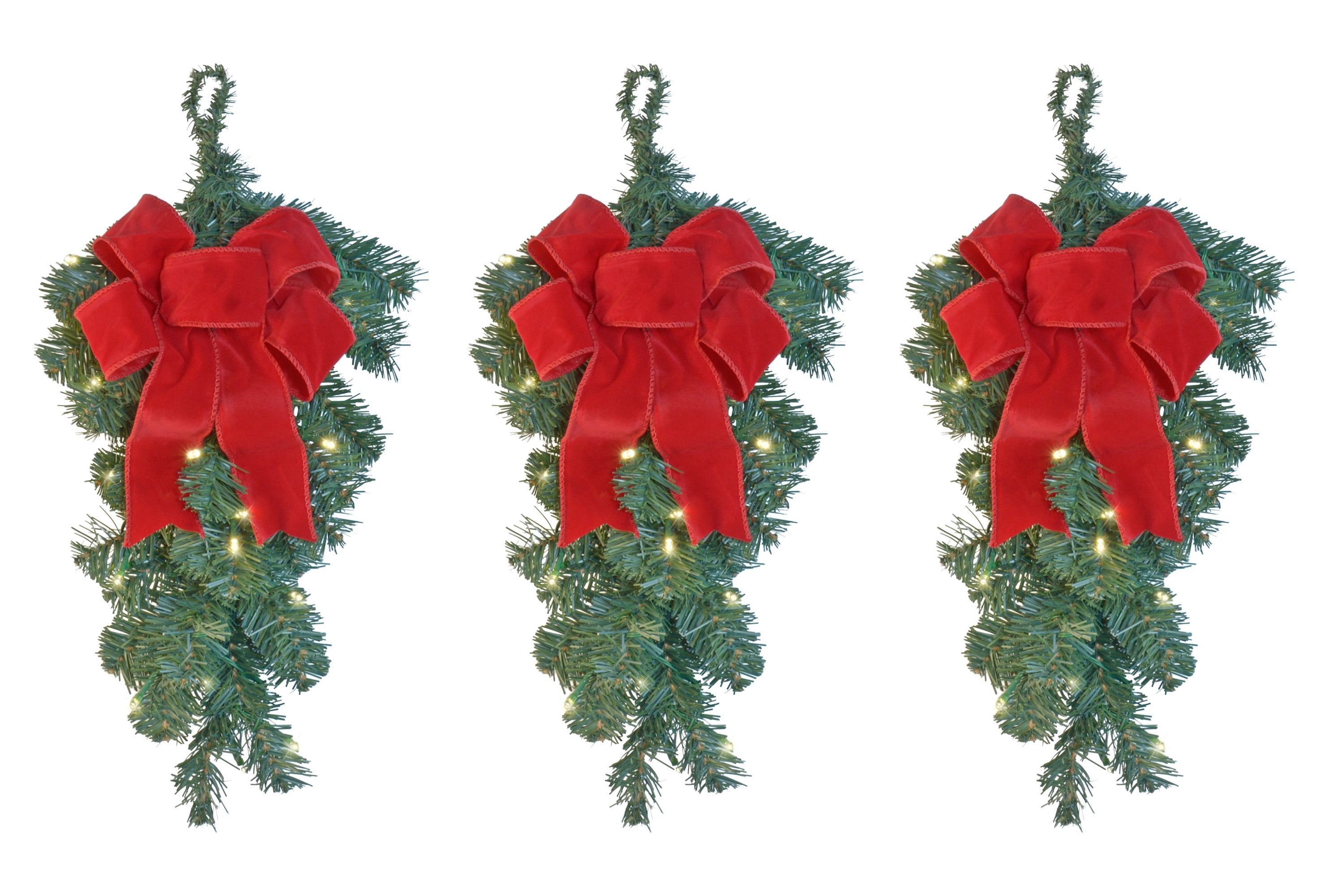 Set of 3 Pre-Lit Artificial Pine Christmas Teardrop Swags with Wired