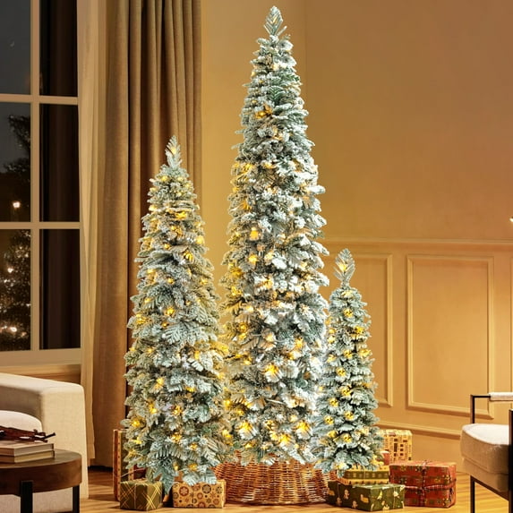 Set of 3 Pre-Lit Flocked Pencil Christmas Trees (8FT/6FT/4FT), 1370 PE Tips, 290 LED Lights, 11 Lighting Modes