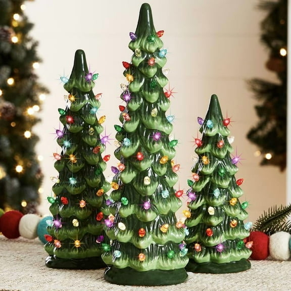 Set of 3 Pre-Lit Hand-Painted Ceramic Tabletop Christmas Trees