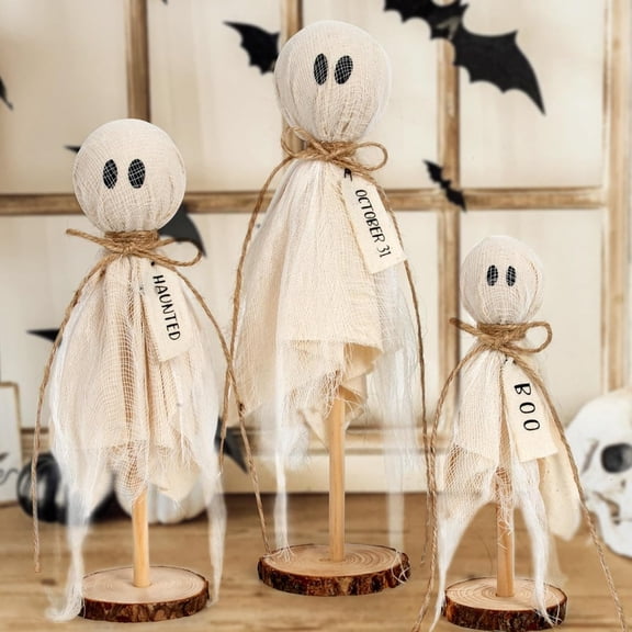Set of 3 Primitive Style Halloween Ghost Figurines on Wood Base Standing Decor for Table Centerpiece, Shelf, Mantel Display