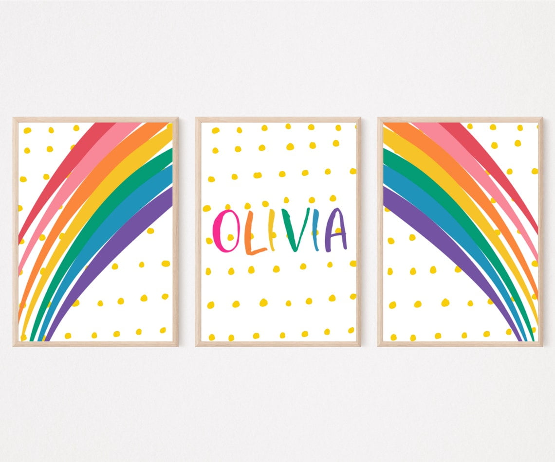 Set of 3 Prints Personalized Gifts Above Bed Decor Kids Wall Art Poster  Rainbow Nursery Name Sign Art For Kids Hub